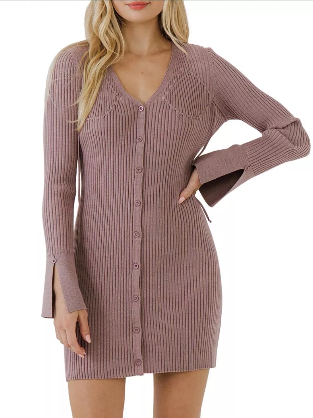 Free the Roses Ribbed Button-Front V-Neck Cardigan Dress in Blush